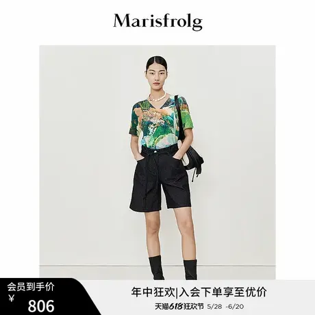 玛丝菲尔2022夏季新款休闲a型显瘦收腰亚麻仿牛仔短裤女商品大图
