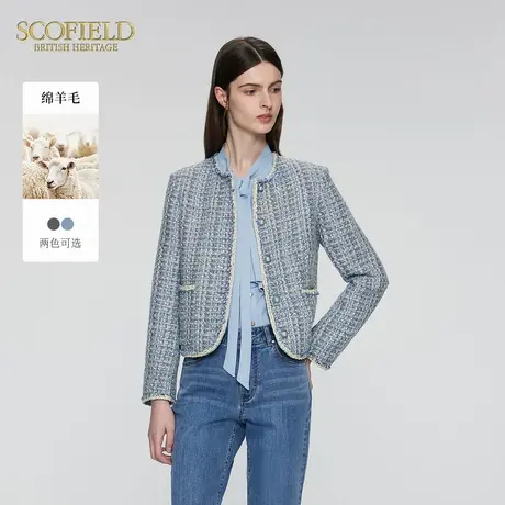 【含羊毛】Scofield女装小香风短外套圆领粗呢花上衣冬季图片