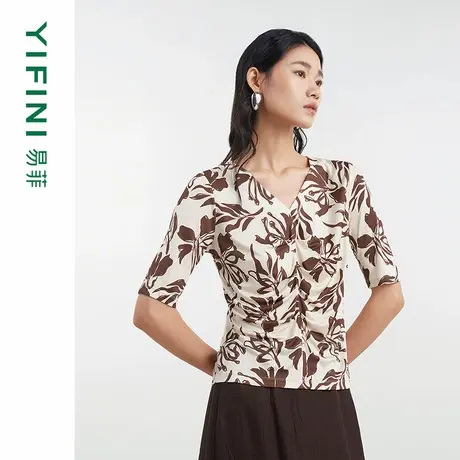 [专柜同款]Yifini/易菲双面针织100%真丝修身短袖印花针织衫上衣商品大图