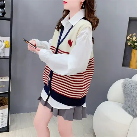 撞色条纹爱心针织马甲女秋冬2023年新款宽松外搭减龄毛衣坎肩背心图片
