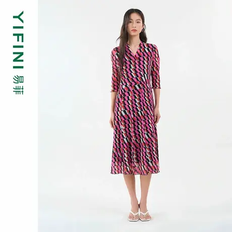 [专柜同款]Yifini/易菲时尚通勤显瘦收腰印花V领印花中袖连衣裙图片