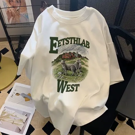 欧美高街短袖t恤女夏季hiphop慵懒风纯棉设计感ins潮情侣休闲上衣商品大图