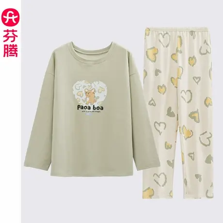 芬腾睡衣女士夏季薄款长袖春秋纯棉大码圆领休闲领全棉家居服套装商品大图