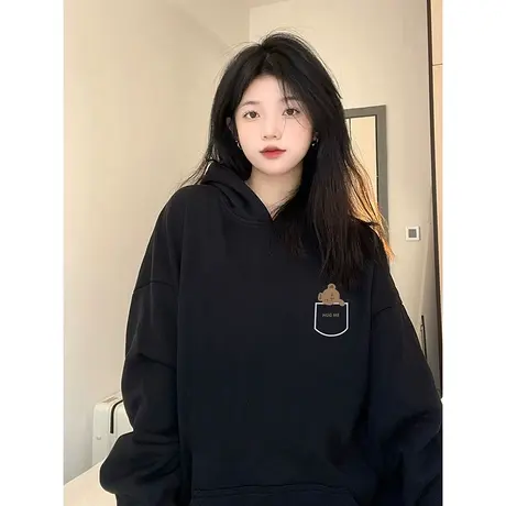 连帽卫衣女大码oversize宽松秋冬季加绒ins潮复古简约风外套上衣商品大图