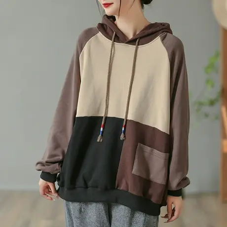 dza 复古撞色纯棉连帽卫衣女士春秋长袖外套休闲宽松套头拼接上衣商品大图