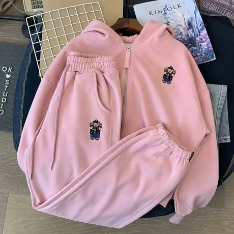 韩国秋季新宽松外套显瘦刺绣小熊拉链连帽短款卫衣卫裤两件套装女商品大图