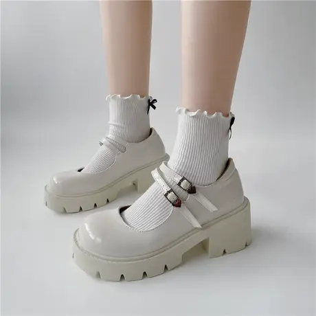 玛丽珍女鞋2023新款夏季圆头浅口厚底高跟配裙子白色增高小皮鞋女商品大图