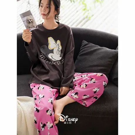 迪士尼睡衣女春秋新款圆领长袖柔软棉家居服可爱米奇少女大码套装商品大图