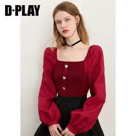 DPLAY2022年夏新复古方领酒红色修身短版针织衫提花灯笼袖毛衫商品大图