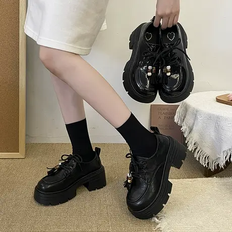 厚底增高小皮鞋女2025新款秋季英伦风系带乐福鞋小个子配裙子单鞋商品大图