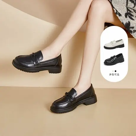 大东时尚小皮鞋女2025秋季新款简约风中跟粗跟厚底乐福鞋圆头鞋Z商品大图