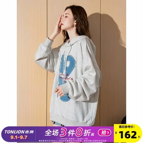 唐狮2024早秋新款针织连帽卫衣女牛仔贴布绣套头帽衫女士长袖卫衣图片