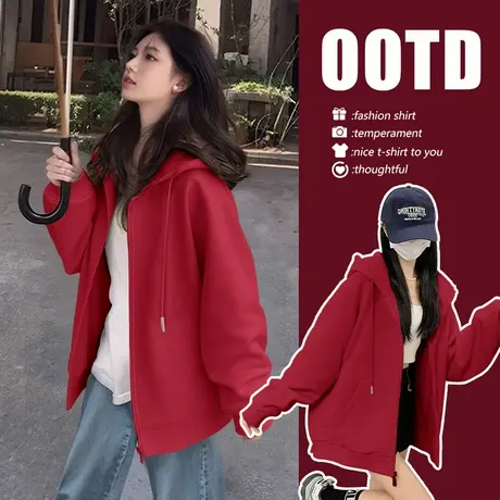 NOW真维斯红色连帽卫衣女2025新款春秋休闲宽松开衫外套拉链上衣商品大图