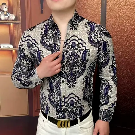 男士潮牌碎花长袖衬衫秋季抗皱痞帅休闲衬衣欧货男装时尚秋款寸衫商品大图