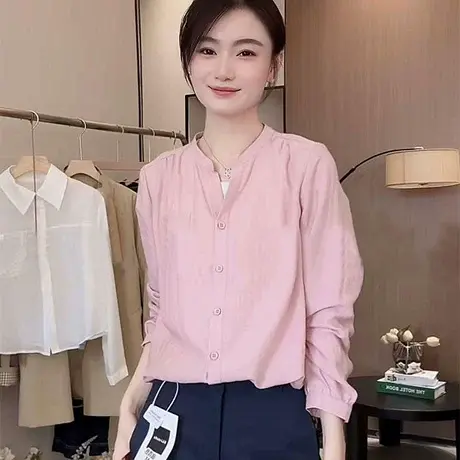 小个子V领衬衫女2025秋季新款韩系宽松显瘦简长袖衬衣小衫上衣女图片