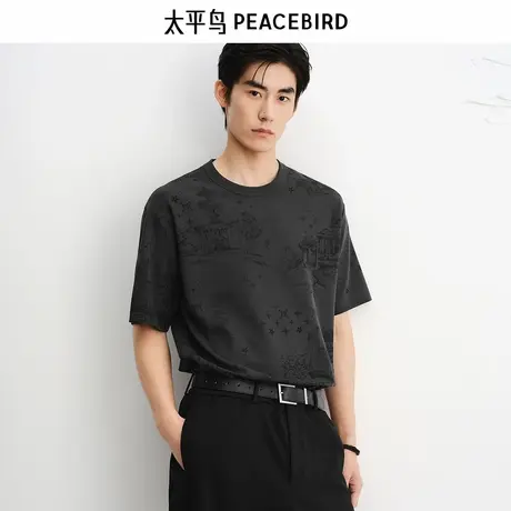 【商场同款】太平鸟男装T恤25秋季新款暗纹印花短袖潮 B1CNF3119商品大图