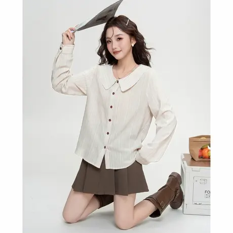 唐狮春秋圆领竖条上衣女士衬衫条纹衬衣女士高级感气质百搭潮TM图片