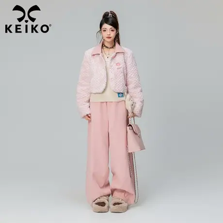 KEIKO [夹棉]仿兔绒菠萝纹短外套女加厚2023秋冬羊羔毛绒保暖棉服商品大图