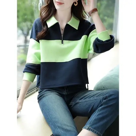 宝诗黎半拉链翻领撞色拼接短款卫衣长袖女装2023初秋新款百搭上衣商品大图