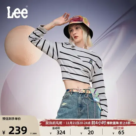 Lee舒适版圆领绣花徽章白色条纹女短款长袖T恤LWT007332204-K14图片