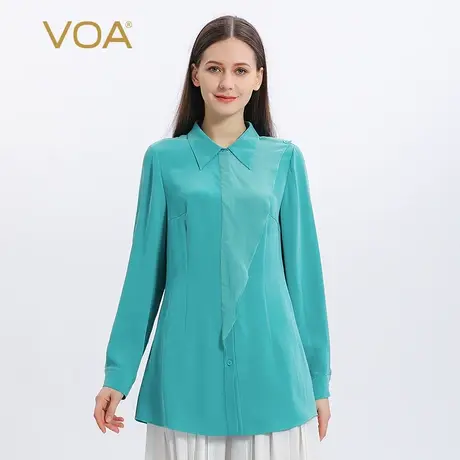 VOA真丝30姆米重磅蓝色POLO领单排多扣纯色百搭通勤桑蚕丝衬衫图片
