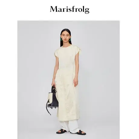 玛丝菲尔夏新款名媛时尚H型香槟色光泽微皱简约连衣裙图片