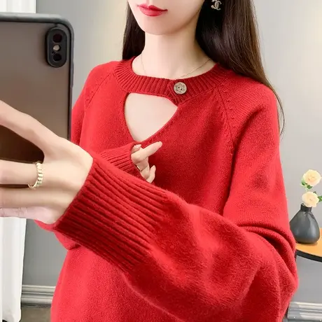 22139新款韩版宽松百搭长袖针织衫毛衣纯色套头设计感女打底衫图片