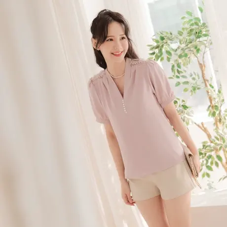 桔熊夏季韩版复古温柔凉爽V领蕾丝雪纺衫上衣女神大码AB16976图片