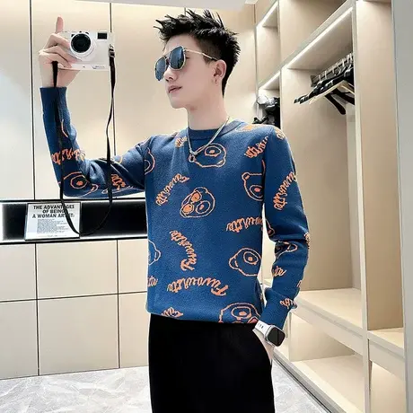 套头毛衣男秋冬季潮牌打底针织衫卡通花色高级感轻熟修身内搭线衣商品大图