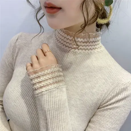 2023秋季新款修身纯色套头半高领蕾丝长袖针织衫女装打底衫毛衣女商品大图