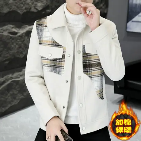 秋冬季男士时尚拼接加厚毛呢子夹克韩版修身个性休闲ins加棉外套图片