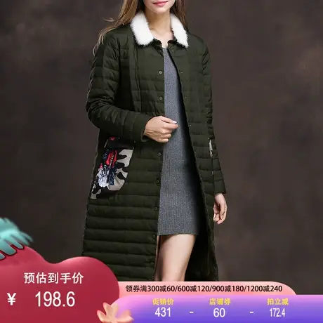 皮草水貂毛领轻薄2023春秋白鸭绒羽绒服中长款羽绒风衣口袋女外套图片