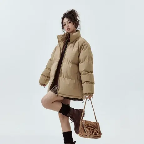 复古纯色立领棉服女加厚冬季外套2023新款潮牌面包服宽松保暖棉衣商品大图