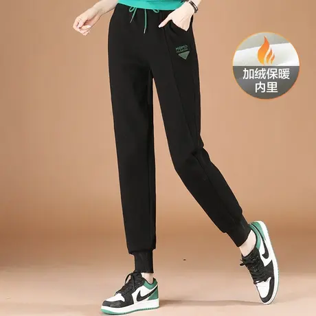 韩潮袭人松紧腰刺绣加绒运动裤女2023冬新款显瘦黑色哈伦休闲卫裤图片