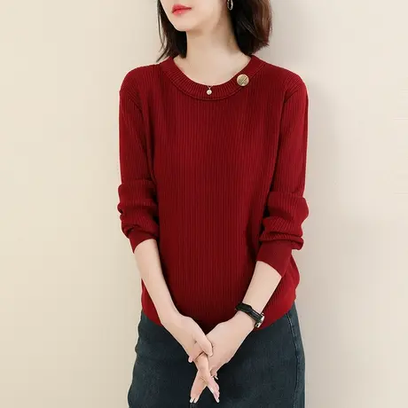 韩潮袭人气质圆领长袖套头毛衣女2023冬新款休闲百搭红色针织上衣商品大图