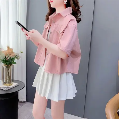复古粉色短袖牛仔衬衫外套女夏季2023新款宽松洋气短款小个子上衣图片