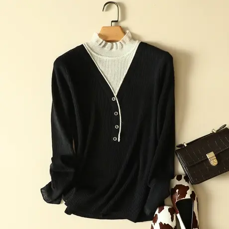 新款蕾丝半高领假两件套头毛衣女士春装洋气显瘦打底衫内搭针织衫商品大图