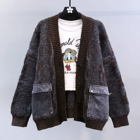 牛仔口袋拼接毛衣外套女秋冬2023新款宽松慵懒风设计感针织开衫商品大图