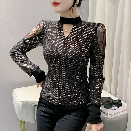 复古立领镂空T恤女长袖欧货烫钻拼接上衣洋气修身百搭减龄打底衫商品大图
