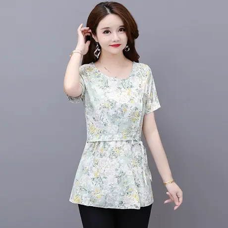 2023夏季新款收腰碎花雪纺衫上衣女遮肚子显瘦中长款打底洋气小衫商品大图