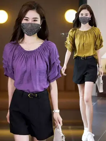 泡泡袖中袖衬衣女2023夏季新款宽松设计感洋气减龄短袖衬衫上衣潮商品大图