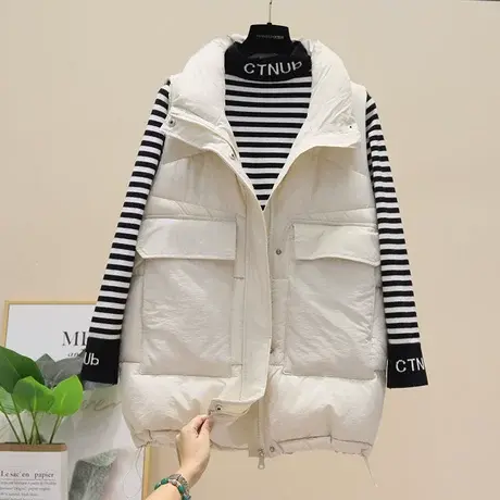 羽绒棉马甲女秋冬外穿学生韩版宽松中长款时尚大口袋马夹背心外套商品大图