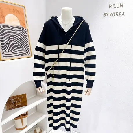 微胖显瘦穿搭~2023秋款韩版条纹长款针织裙连帽过膝裙子长袖毛衣图片