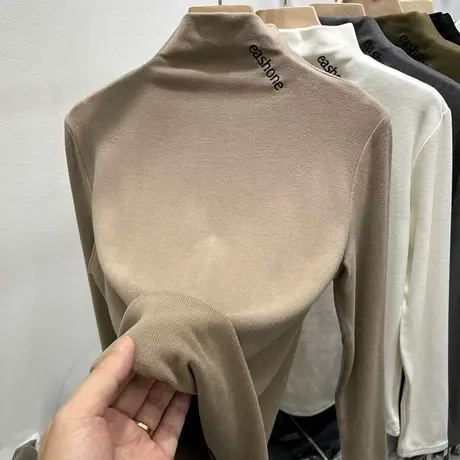 半高领字母刺绣双面磨毛长袖T恤女2023秋冬新款内搭打底衫上衣潮图片