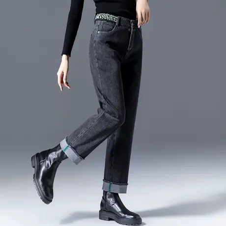 黑色加绒直筒牛仔裤女秋冬2025年新款冬季女裤高腰阔腿翻边烟管裤商品大图