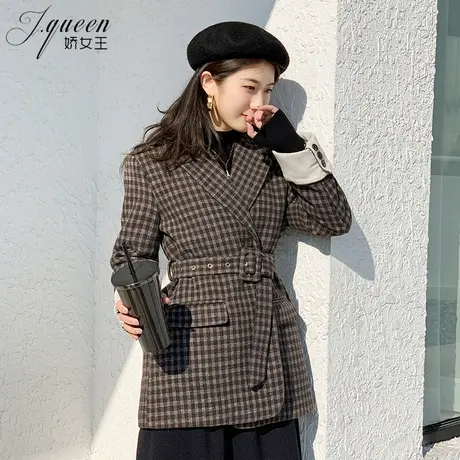 毛呢格子西装外套女秋冬款复古港风绑带收腰翻袖中长款西服外套潮图片