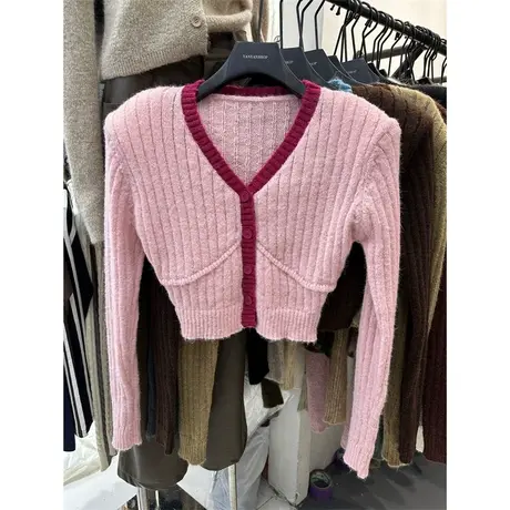 韩版2023冬季新款洋气撞色拼接甜美ins风小众毛衣开衫外套上衣服图片