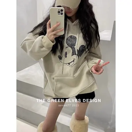 韩国东大门2023冬季新款卡通印花宽松百搭加绒加厚减龄连帽卫衣女图片