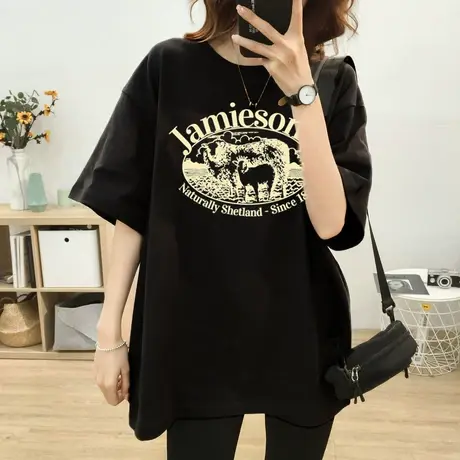 韩版ulzzang纯棉短袖T恤女大码遮肚ins潮牌宽松复古港风chic上衣图片