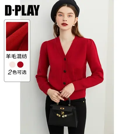 DPLAY秋装新款INS风V领略宽松复古正红短款泡泡袖针织开衫图片